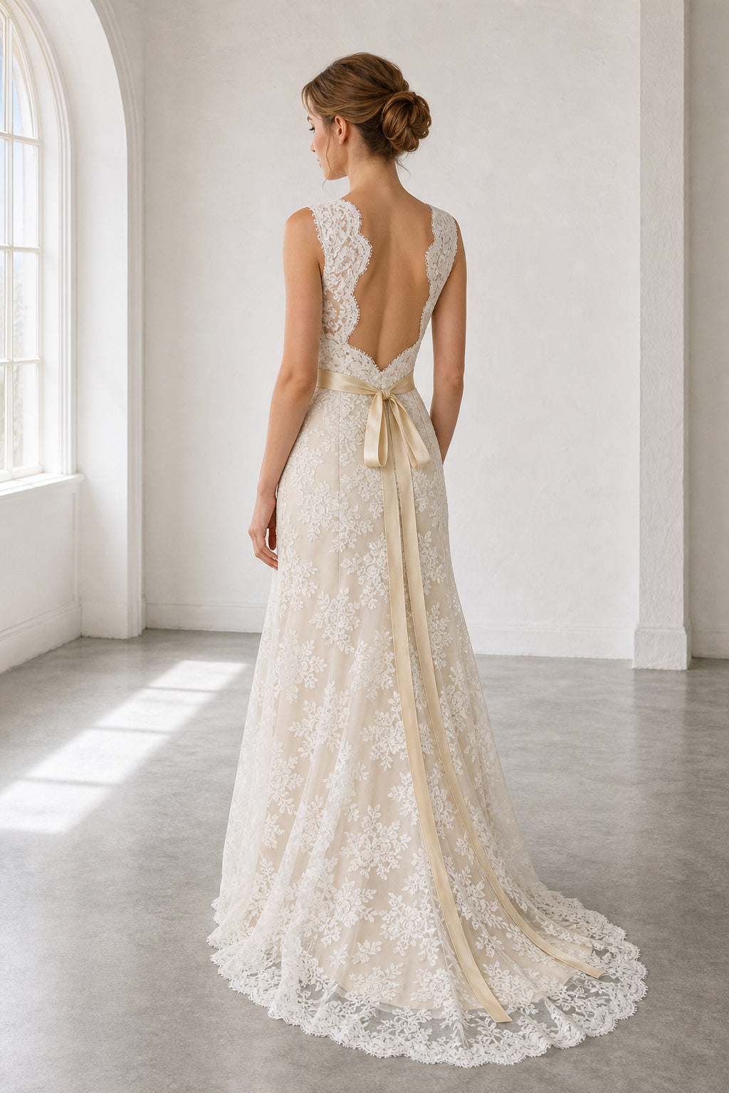 White Halter A-Line Crepe Floor-length Wedding Dress With Layered Skirt and Beaded Bodice and Open Back Lace Hem Detail