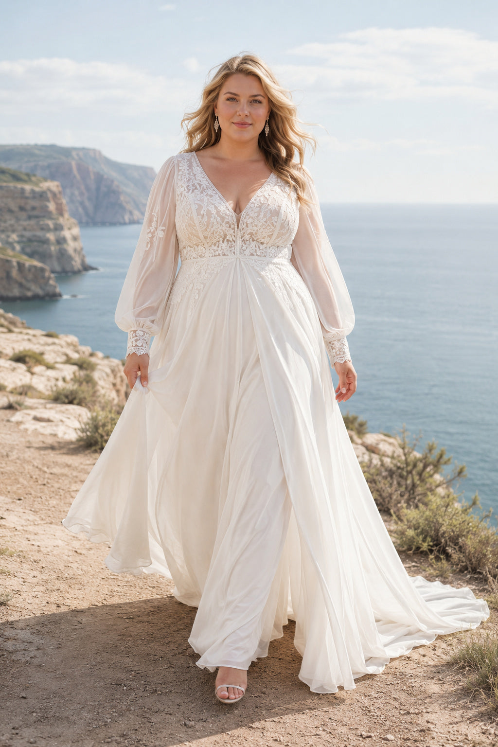 Plus Size Long Sleeve V-Neck Lace A-Line Wedding Dress with Soft Train front view