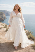 Plus Size Long Sleeve V-Neck Lace A-Line Wedding Dress with Soft Train front view
