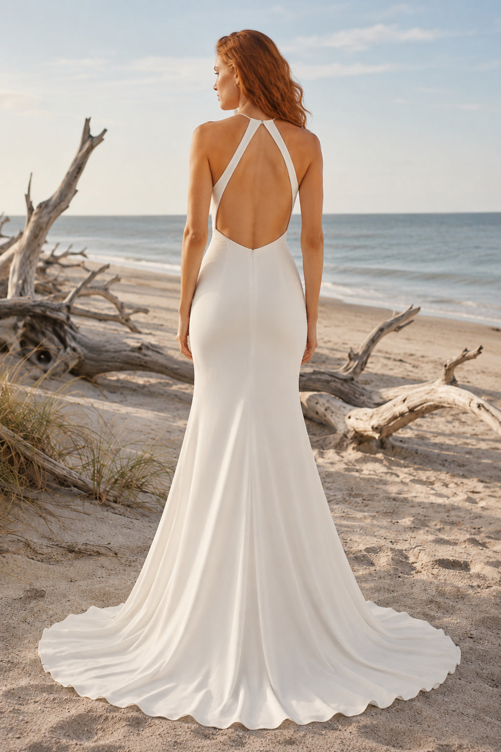 White Halter High Neck Stretch Satin Mermaid Wedding Dress Open Back for Bridal Ceremony and Reception back view
