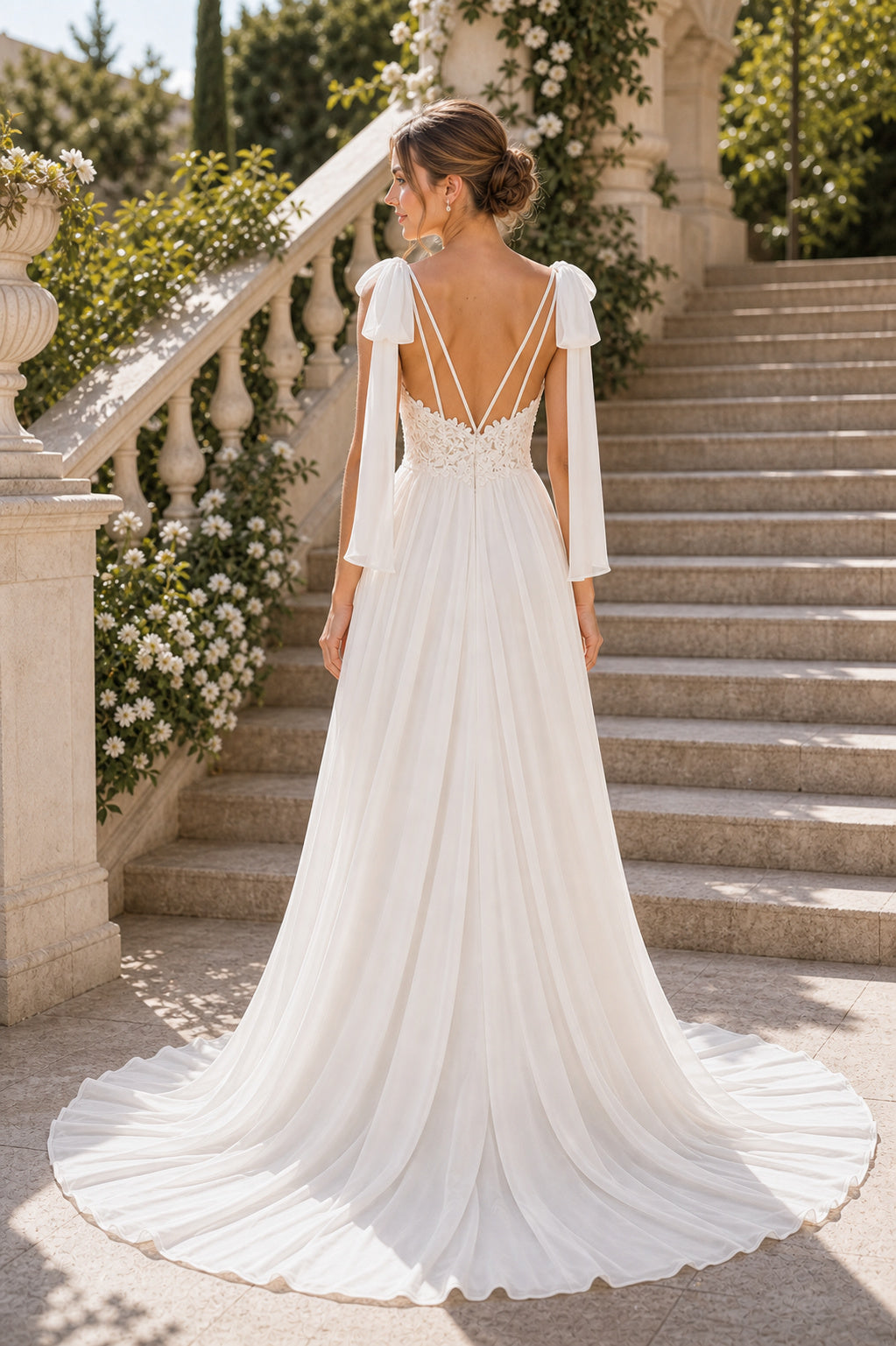 White Halter A-Line Chiffon Floor-length Wedding Dress With Open Back and Lace Bodice and Open Back Lace Hem Detail