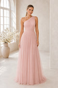 Blush One-Shoulder Tulle A-Line Bridesmaid Dress with Pleated Waist front view