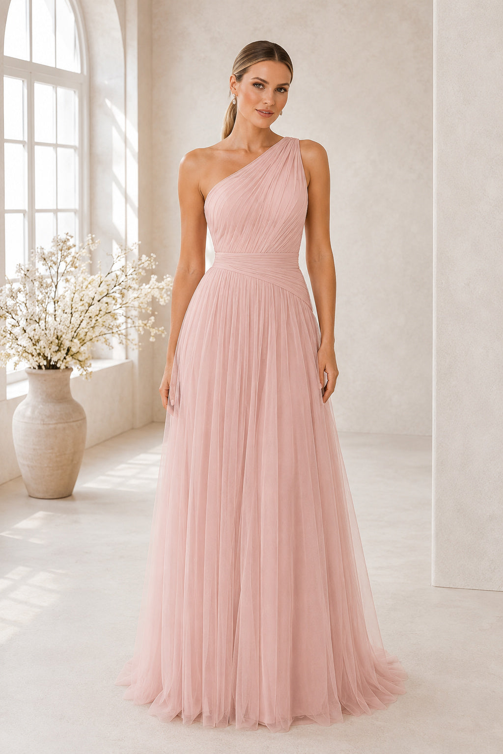 Blush One-Shoulder Tulle A-Line Bridesmaid Dress with Pleated Waist front view