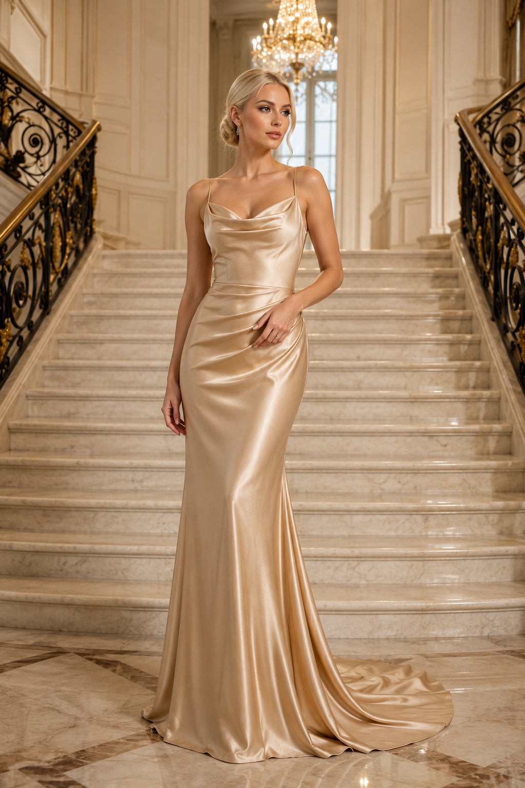 Champagne Cowl Neck Charmeuse Sheath Formal Dress with Spaghetti Straps and Sweep Train front view