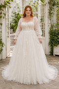 Ivory Plus Size Square Neck Lace A-Line Wedding Dress with Sheer Long Sleeves and Train front view