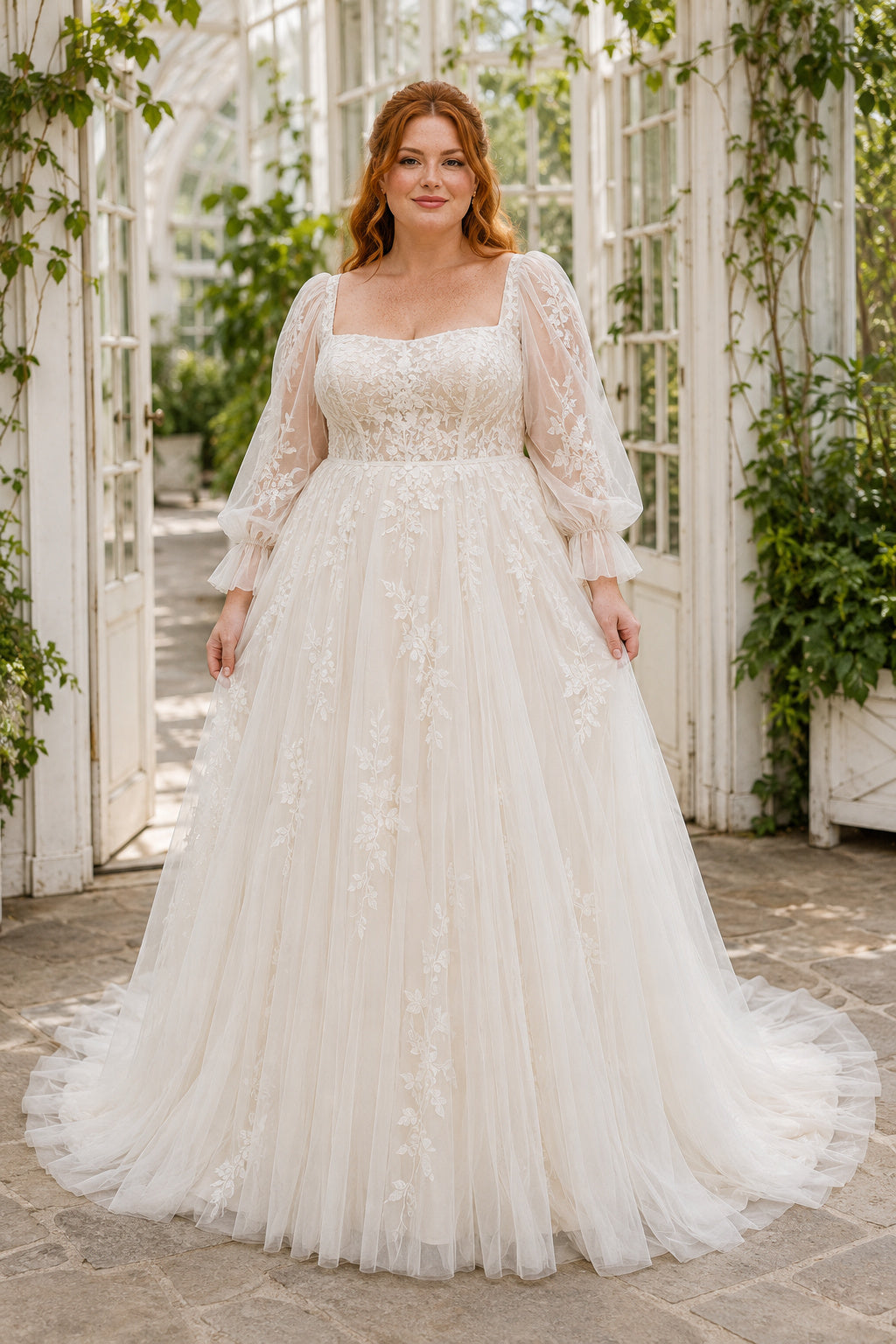 Ivory Plus Size Square Neck Lace A-Line Wedding Dress with Sheer Long Sleeves and Train front view