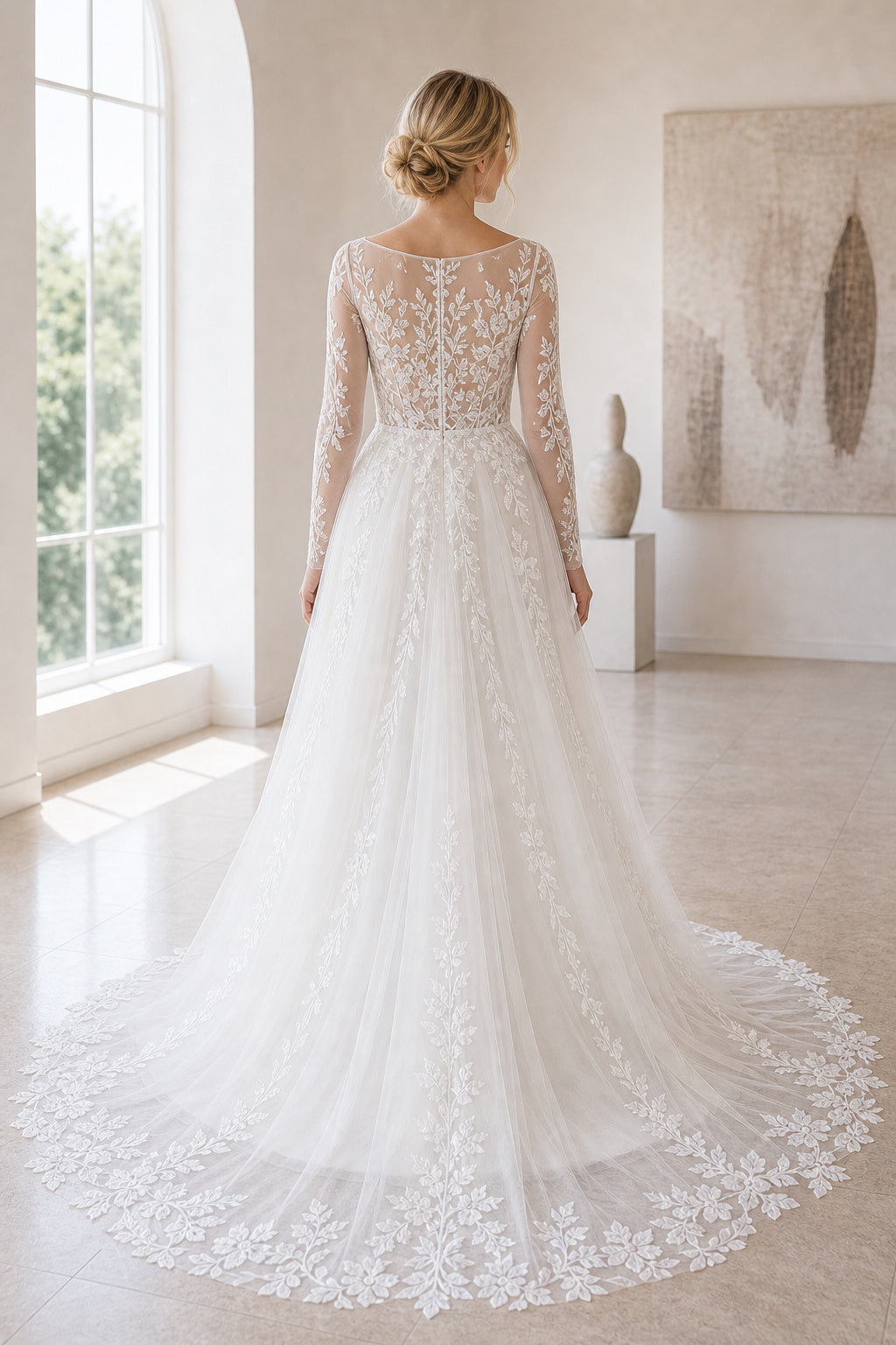 White Off-the-shoulder Flutter Sleeves A-Line Crepe Floor-length Wedding Dress With Layered Skirt and Beaded Bodice and Open Back Lace Hem Detail