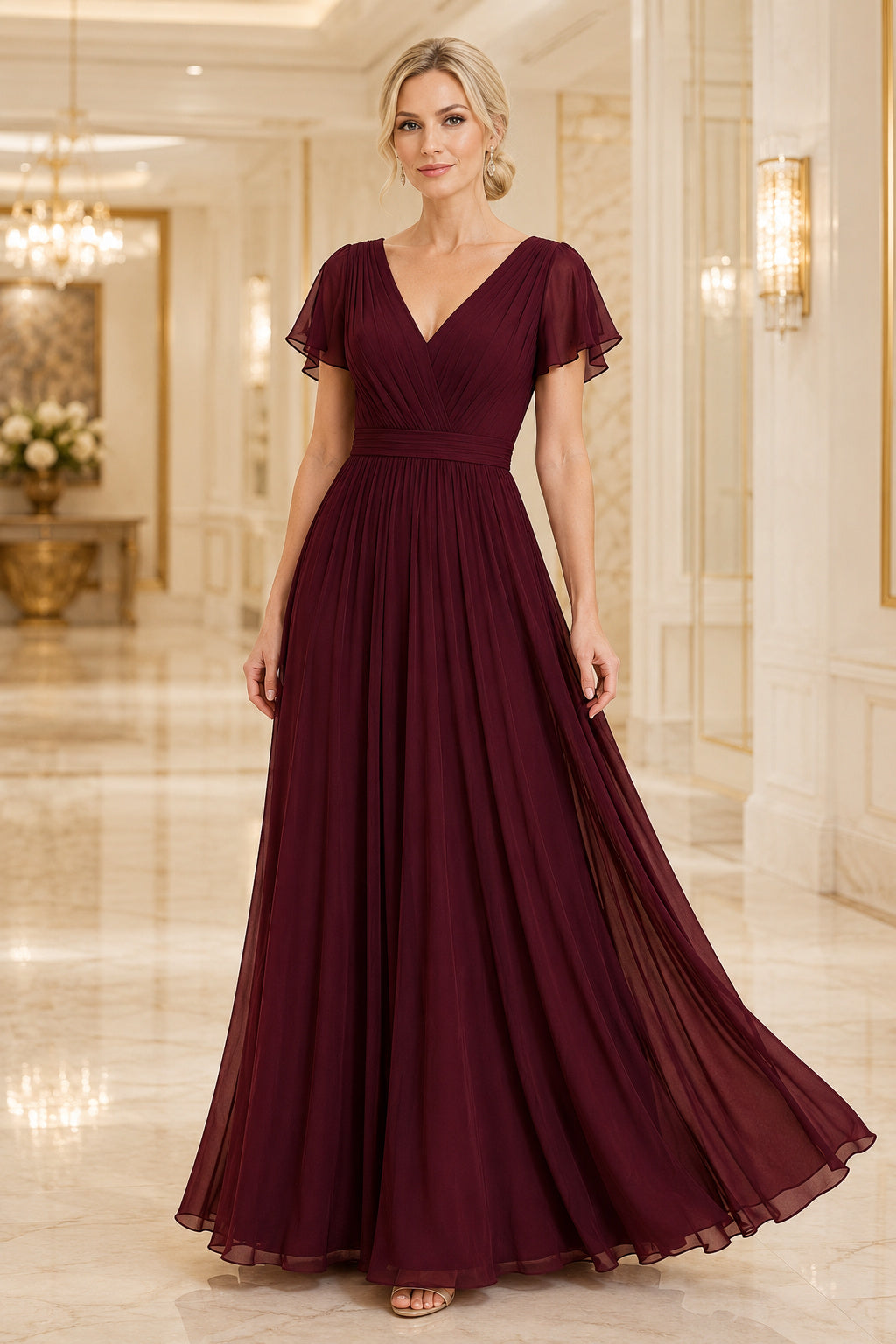 Burgundy V-Neck Chiffon A-Line Bridesmaid Dress with Flutter Sleeves and Floor Skirt front view
