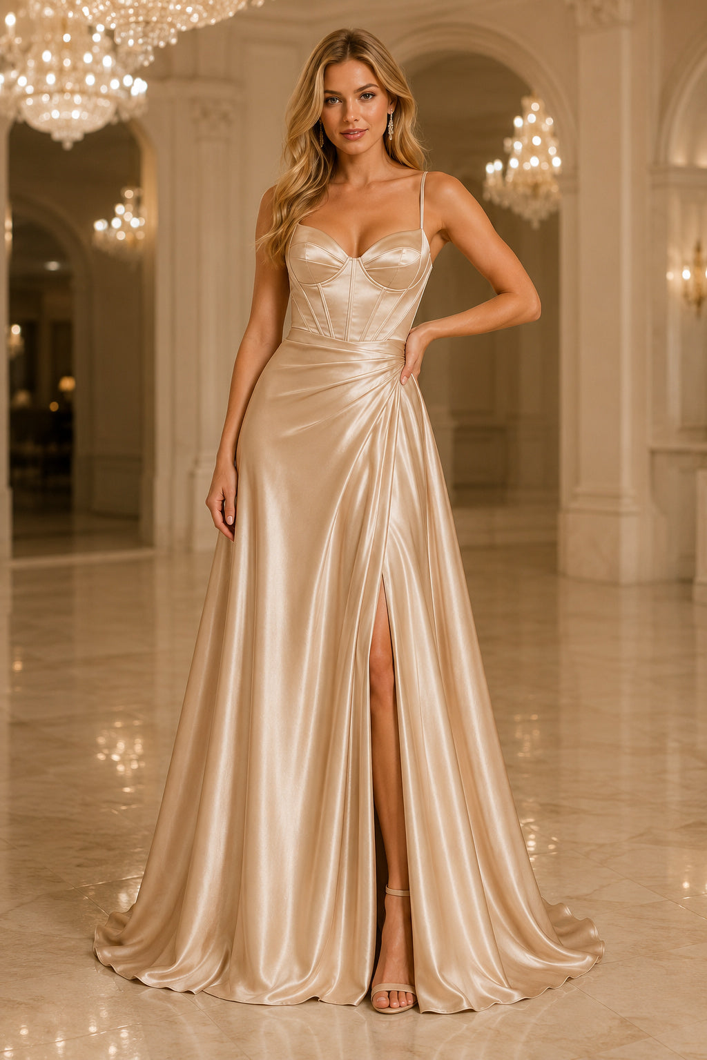 Champagne Spaghetti Strap Satin A-Line Formal Dress with Corset Bodice and High Slit front view