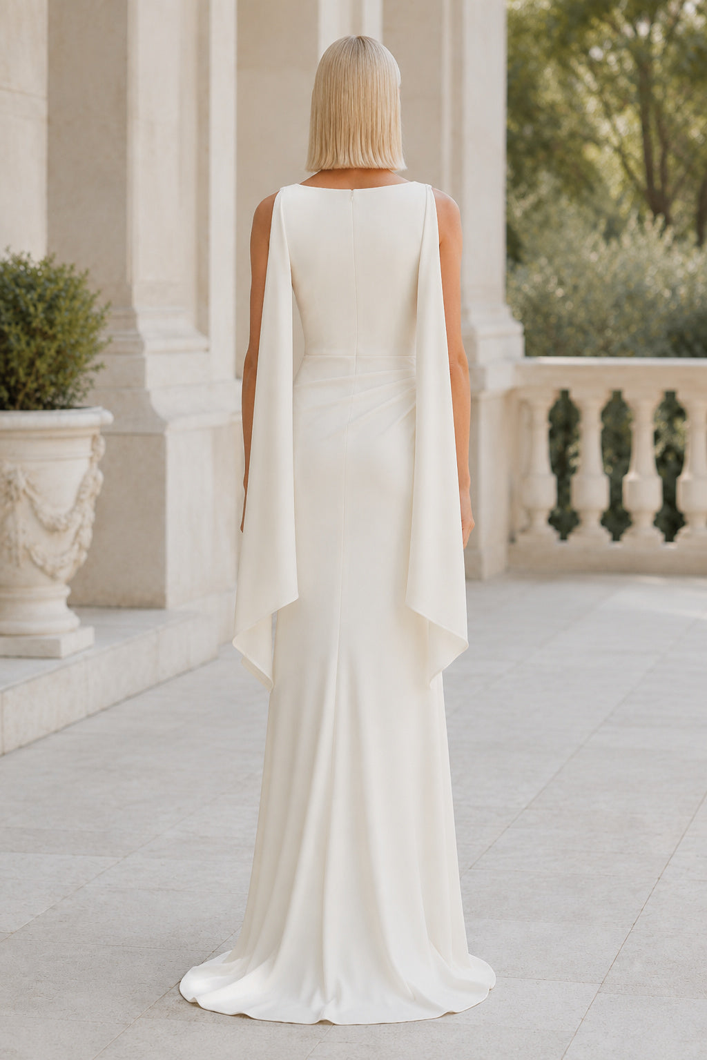 Evening Gown Ivory Chiffon Jersey Sheath Bateau Neck Sleeveless Floor Length back view