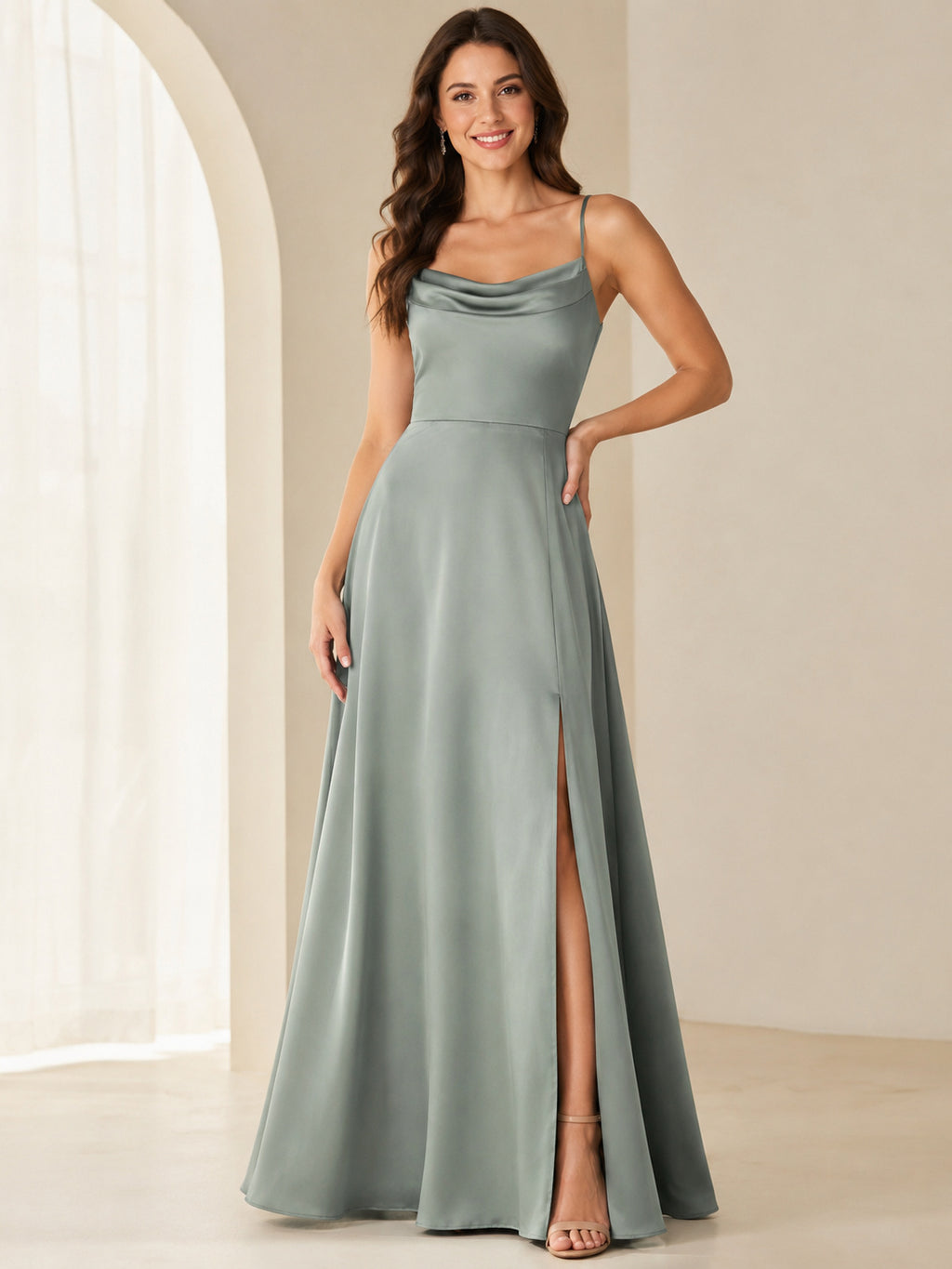 Sage cowl neck spaghetti strap satin A-line gown slit front view