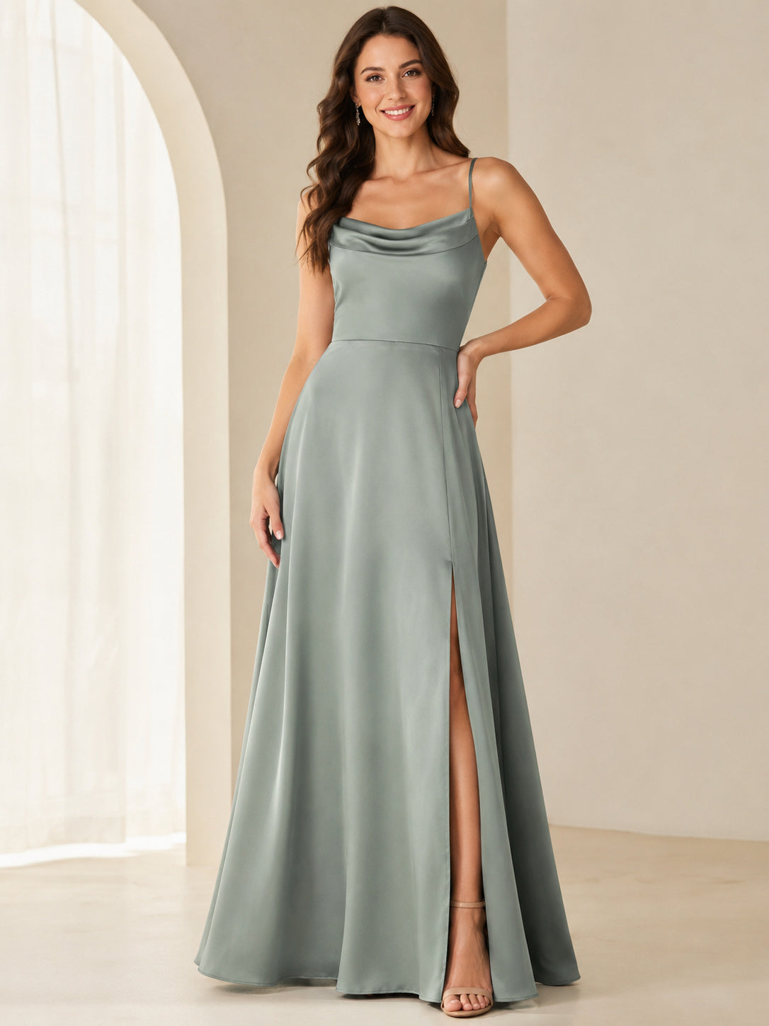 Sage cowl neck spaghetti strap satin A-line gown slit front view