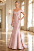 Blush Off Shoulder Satin Mermaid Mother Dress with Beaded Side Applique and Sweep Train front view