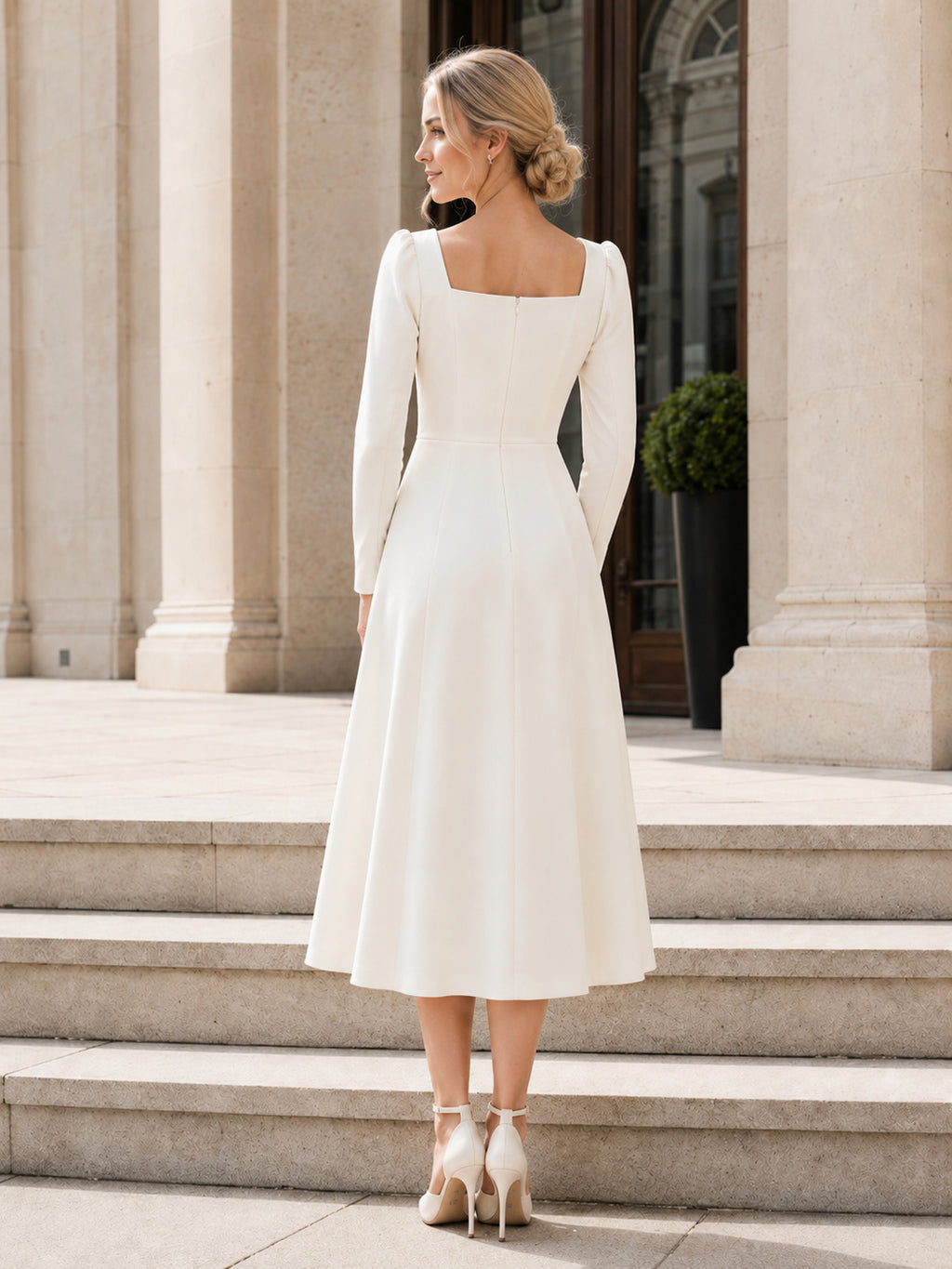 Modest Civil Satin A Line Square Neck Long Sleeve Tea Wedding Dress back view