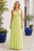 Lime V-neck Sleeveless A-Line Chiffon Floor-Length Dress With Pleated Bodice