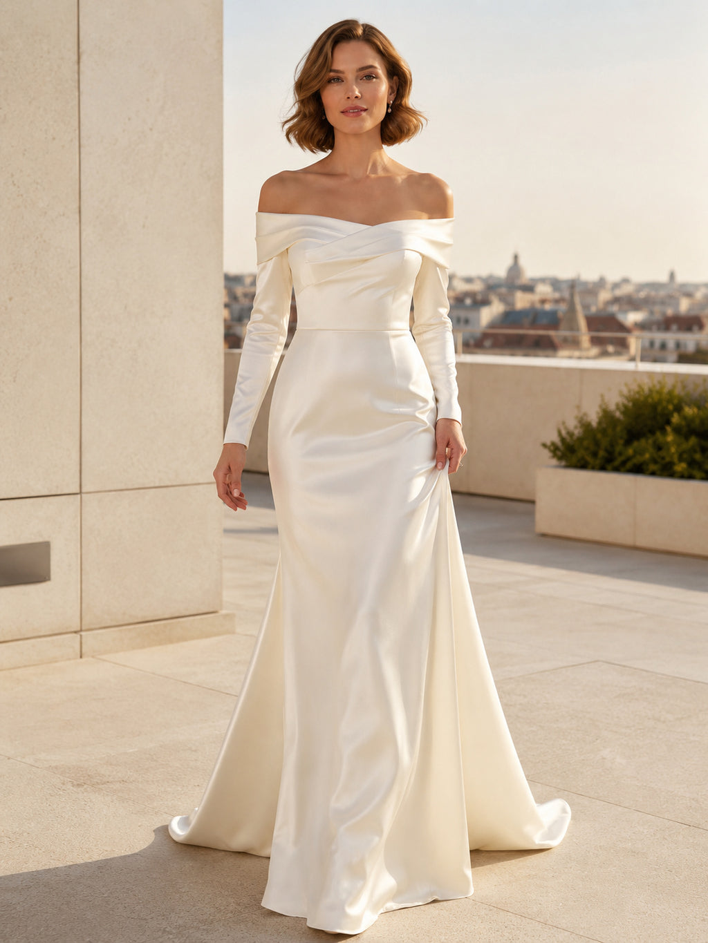 Modern Minimalist Off-Shoulder Long Sleeve Satin Civil Bridal Gown front view