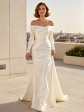 Modern Minimalist Off-Shoulder Long Sleeve Satin Civil Bridal Gown front view