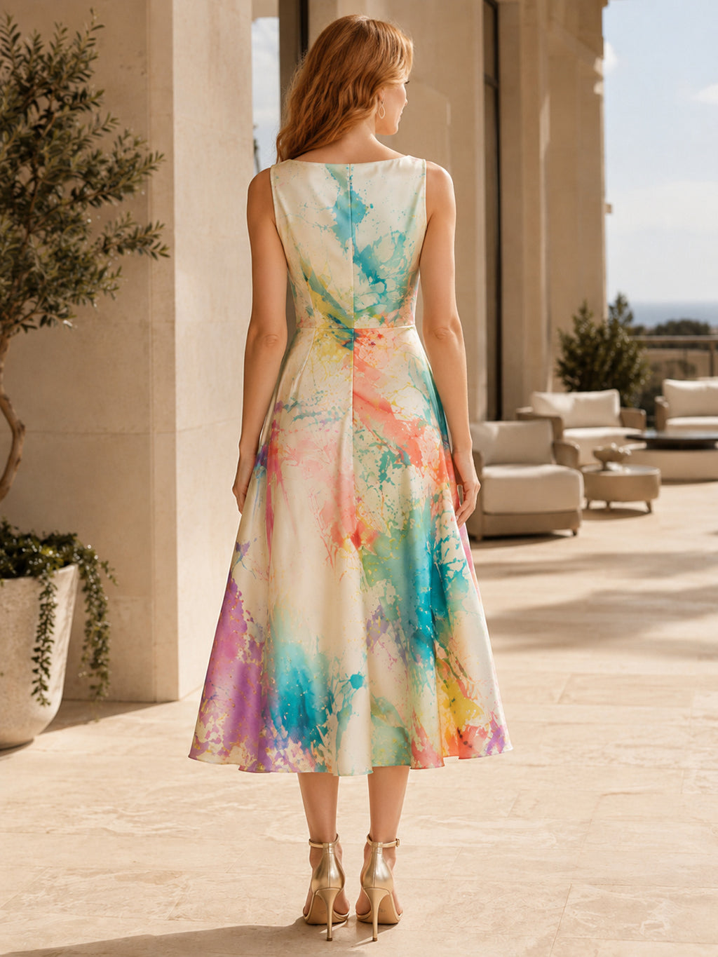 Watercolor Paint Splash Cowl Neck Garden Midi Dress back view