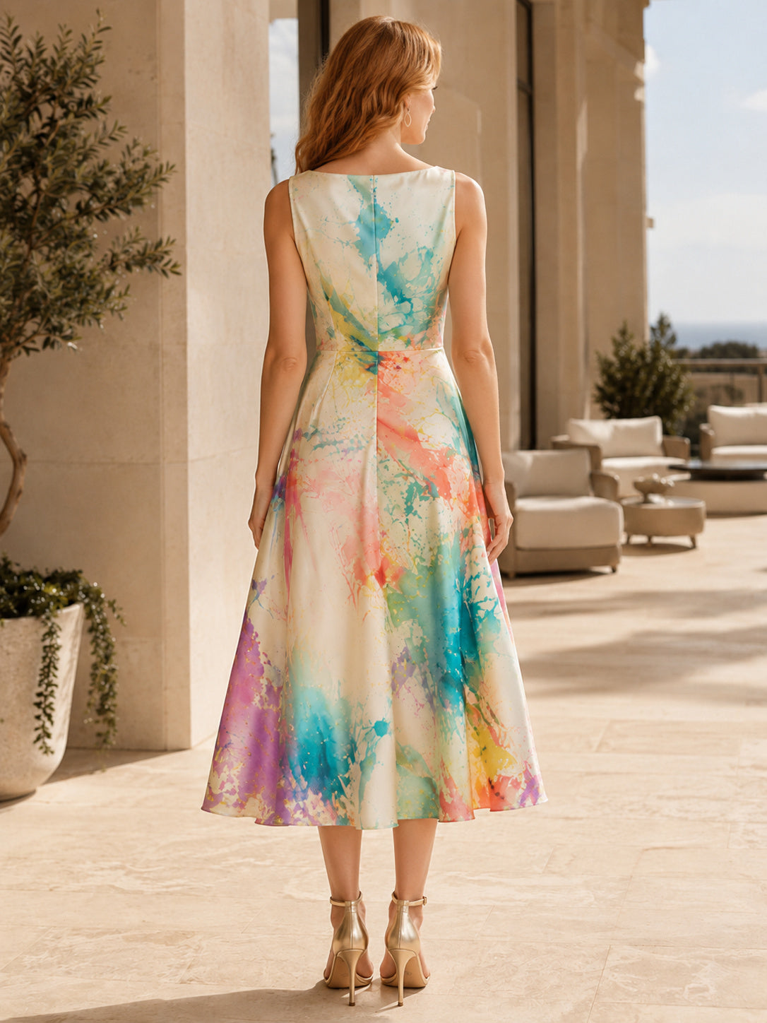 Watercolor Paint Splash Cowl Neck Garden Midi Dress back view