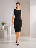 Black bateau sleeveless sheath office midi dress with vent front view