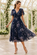 Dark Navy Wedding Guest Cocktail Sheath Dress front view
