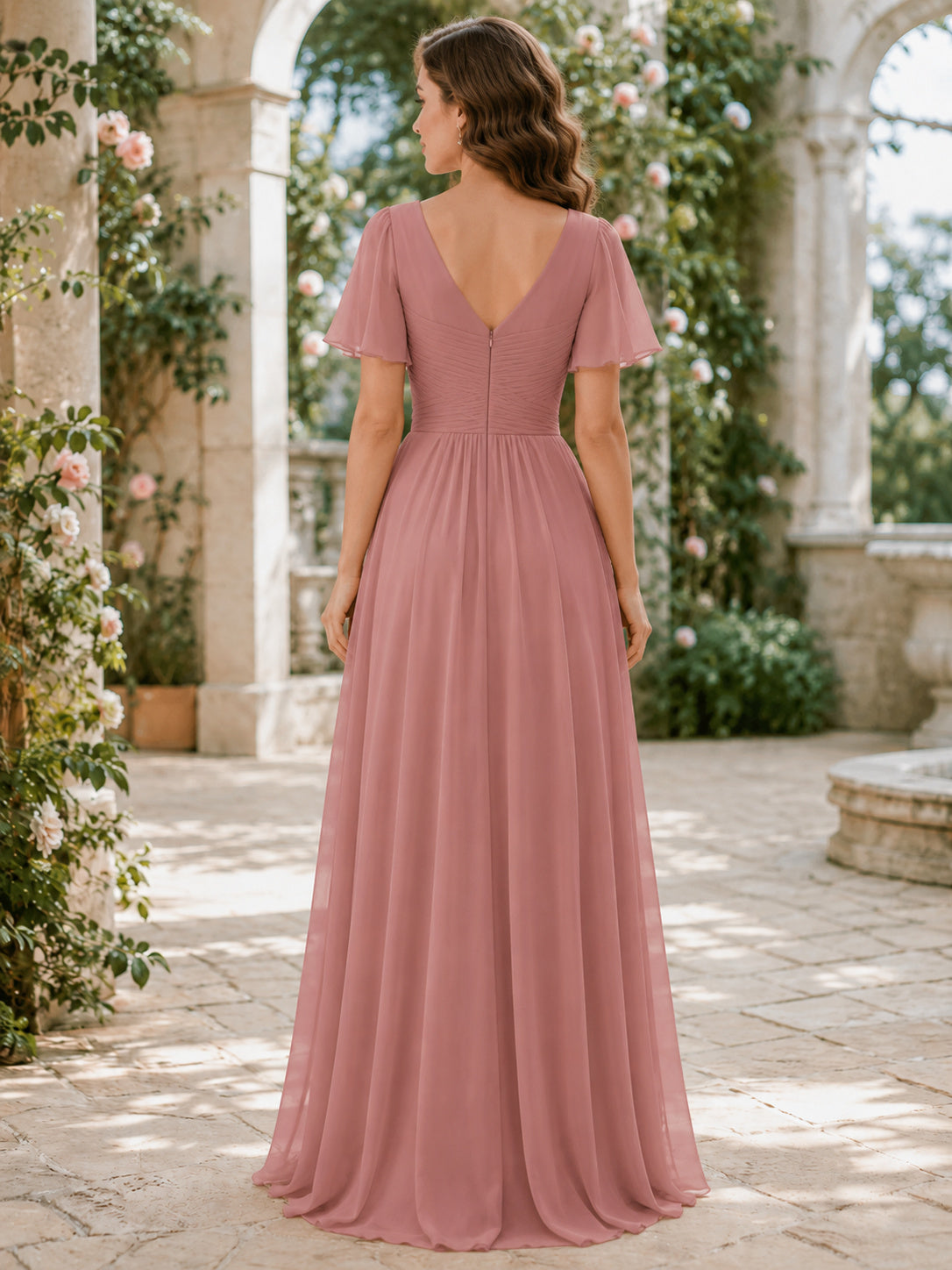 Dusty Rose Short Sleeve Chiffon Zip Back Gown back view