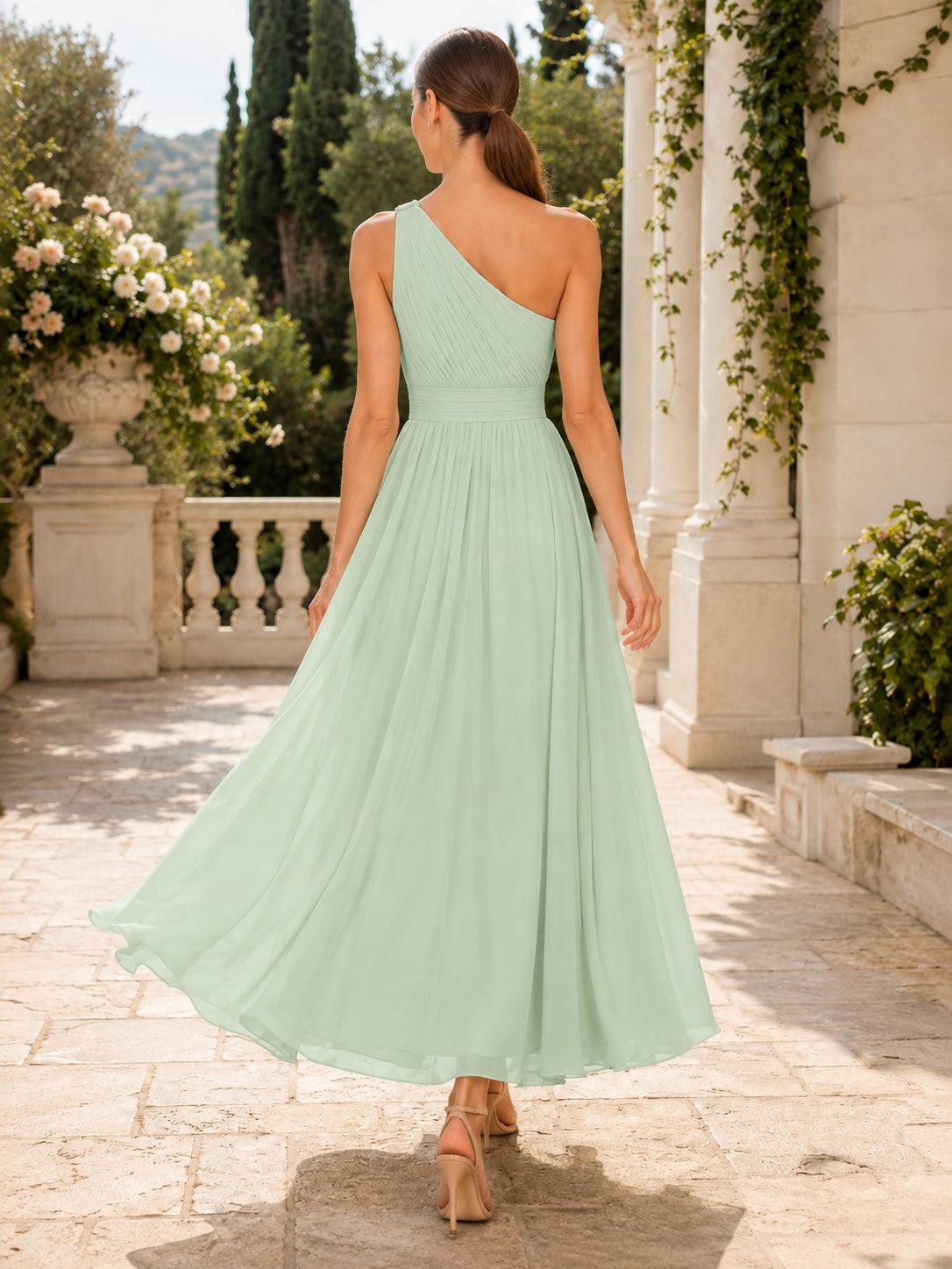 Mint Green One Shoulder Chiffon A Line Dress With Slit back view