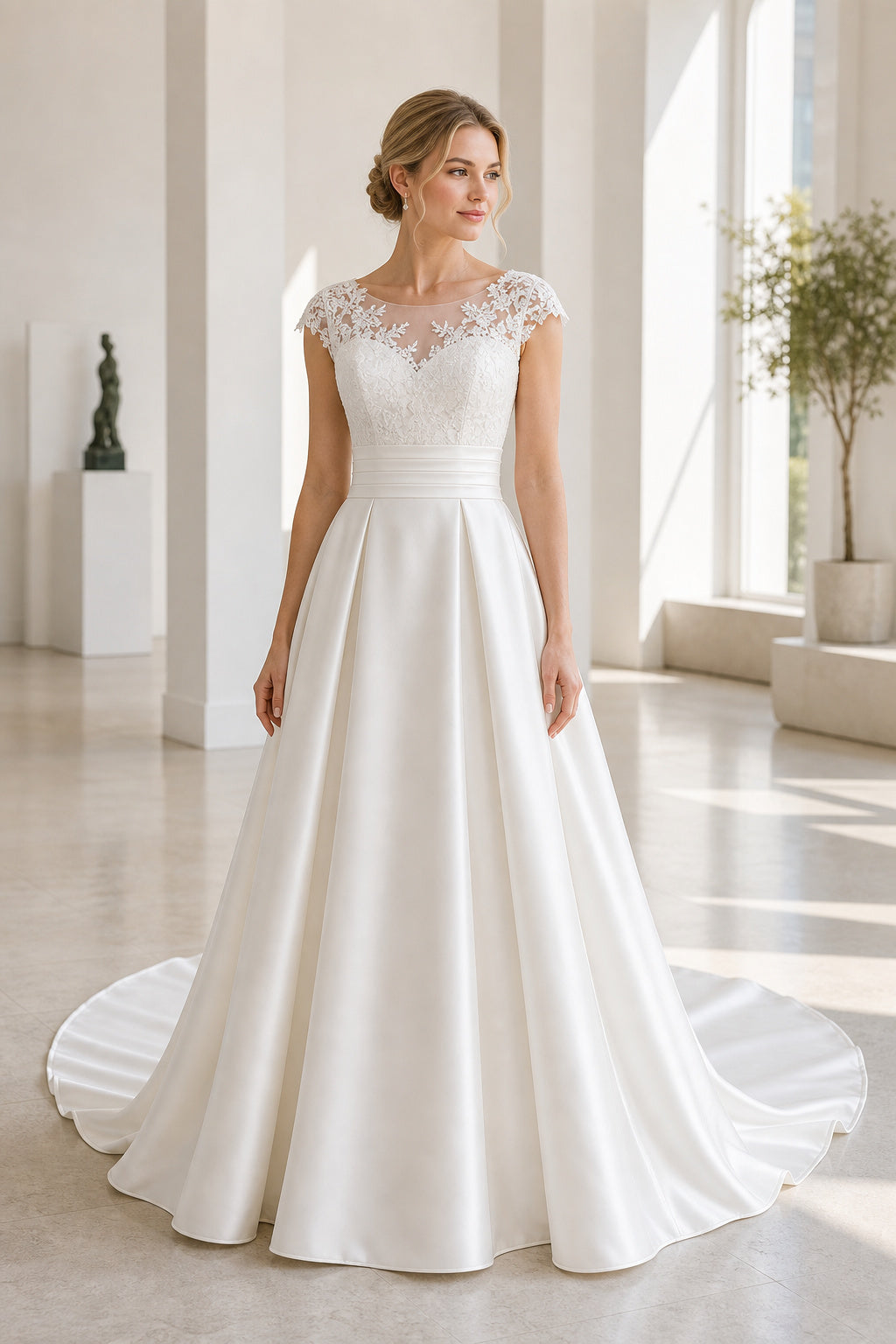 White Scoop Three-Quarter Sleeves Mermaid Crepe, Lace Floor-length Wedding Dress With Lace and Sweep Train and Open Back