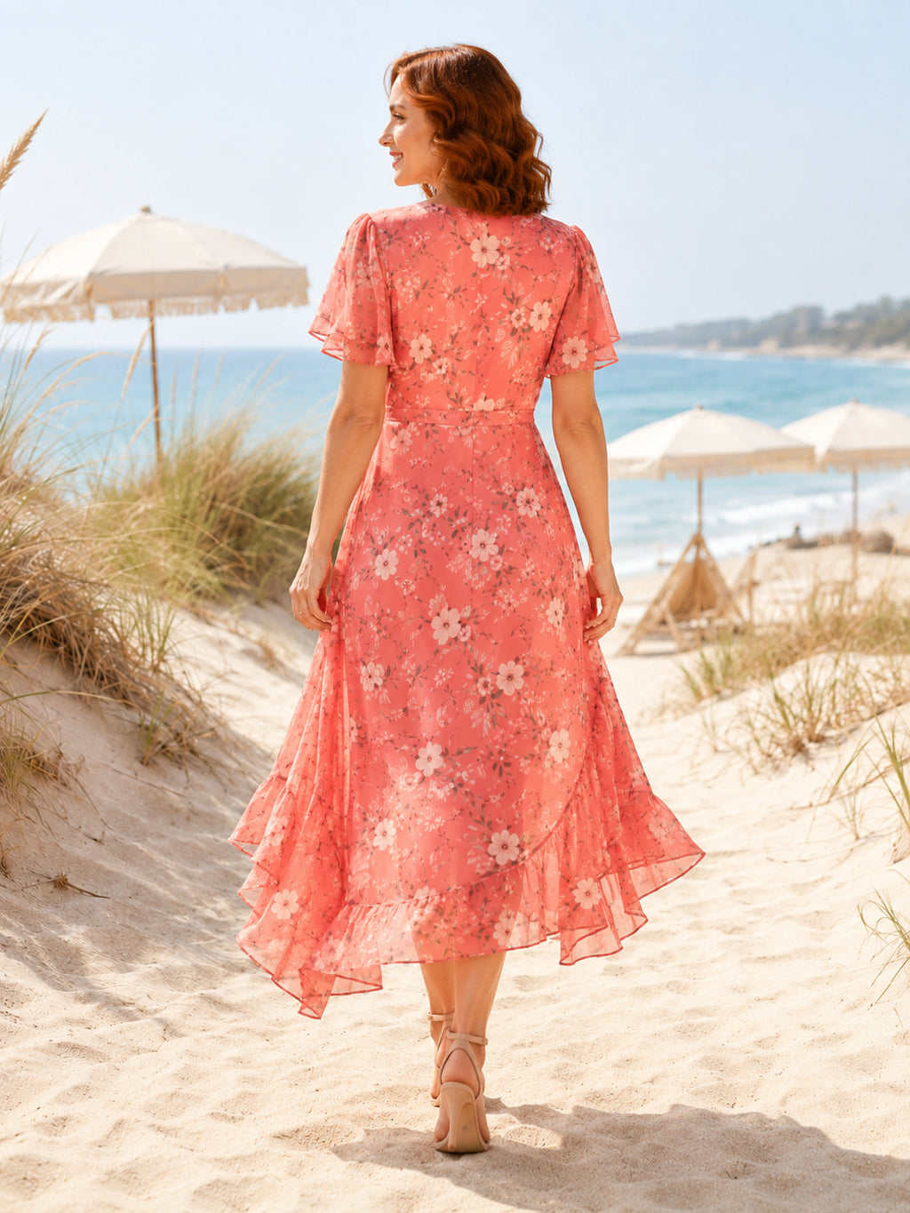 Coral Seaside Wedding Guest Dress A-Line Chiffon V-Neck Short Sleeve Tea-Length Asymmetrical Floral Ruffle front view