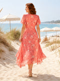 Coral Seaside Wedding Guest Dress A-Line Chiffon V-Neck Short Sleeve Tea-Length Asymmetrical Floral Ruffle front view