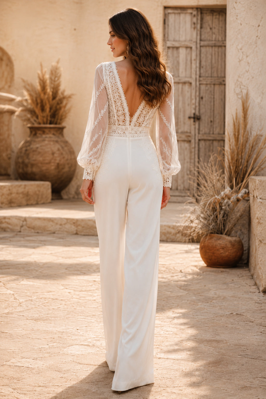 Ivory Long Sleeve Lace Bridal Jumpsuit with Plunging V-Neck and Wide Pants back view