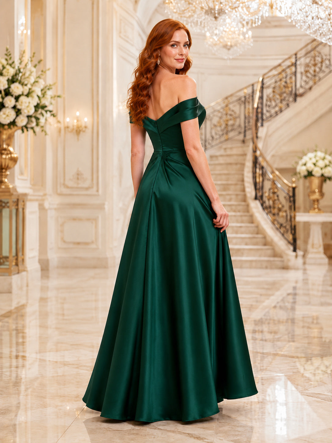 Grand Ballroom Formal Dark Green Romantic Elegant A-Line Satin Bridesmaid Dress with Off Shoulder Sweetheart Sleeveless Floor
