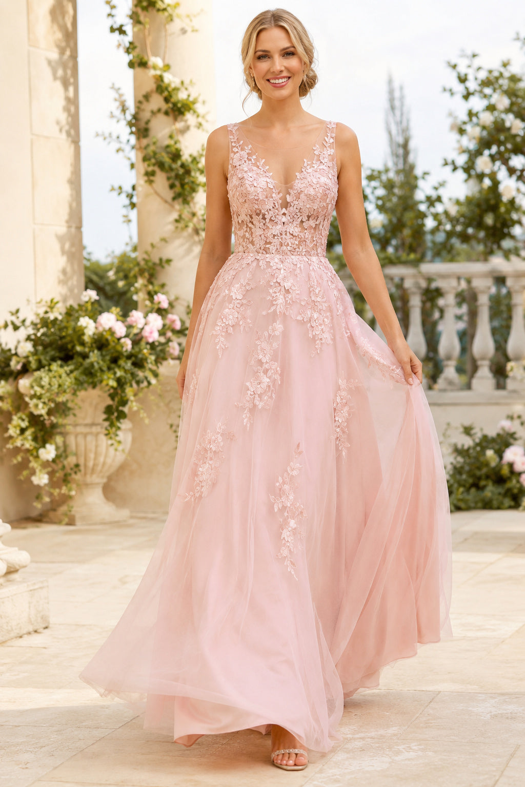 Blushing Pink V-Neck Tulle A-Line Prom Dress Lace Applique for Prom and Formal Events front view