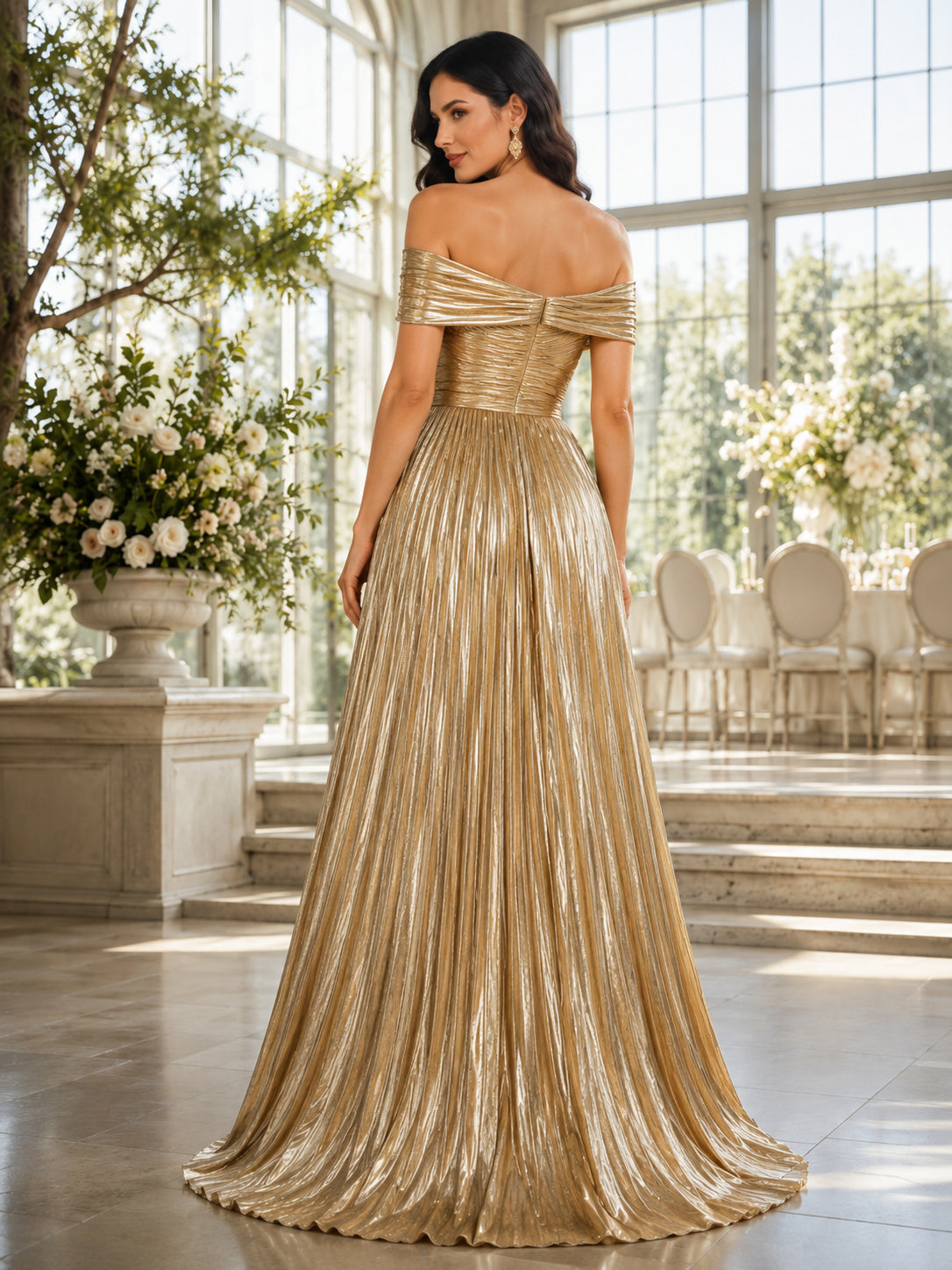 Gold Metallic Off Shoulder Pleated Floor Length Guest Dress back view