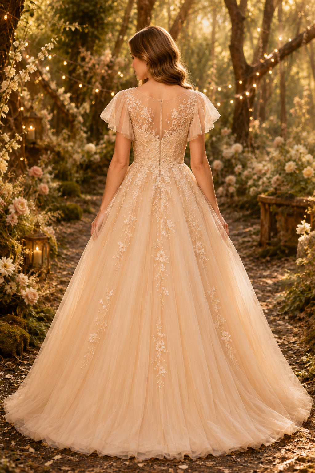 Champagne Lace Cap Sleeve Ball Gown with Full Tulle Skirt Floor Length And Sweep/Brush Train Ball Gown Wedding Dress back vie