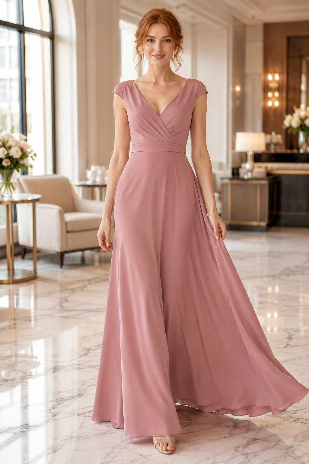 Dusty Rose V-Neck Chiffon A-Line Bridesmaid Dress with Cap Sleeves and Ruched Bodice front view
