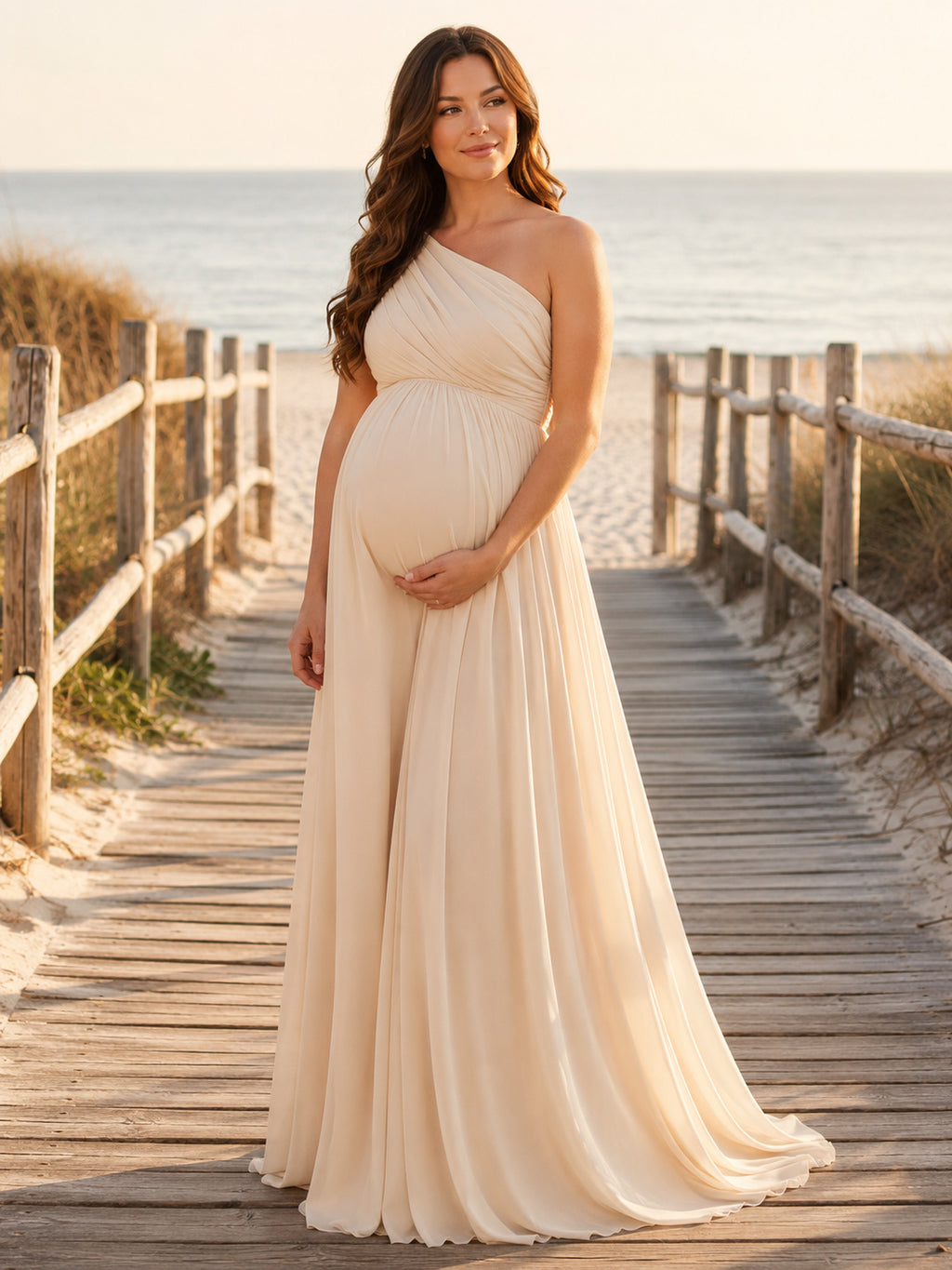 Maternity Beach Elopement One-Shoulder Sleeveless Chiffon Empire A-Line Sweep Wedding Gown front view