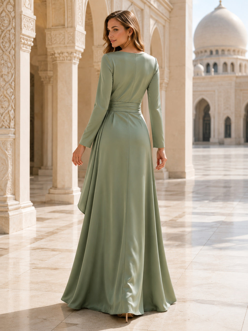 Sage Long Sleeve Draped Modest Maxi Wedding Guest Dress back view