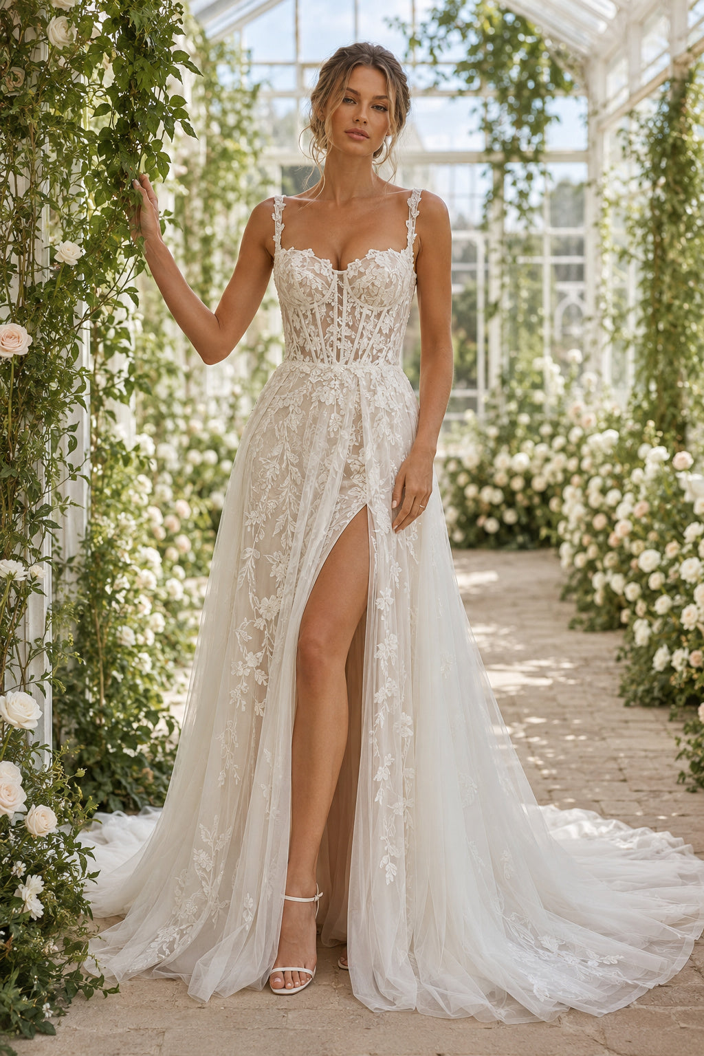 Ivory Spaghetti V-Neck Lace Tulle A-Line Wedding Dress Split Train for Wedding Ceremony and Reception Style MG_701418 front v