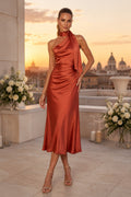 Papaya One-Shoulder Satin Sheath Cocktail Dress front view