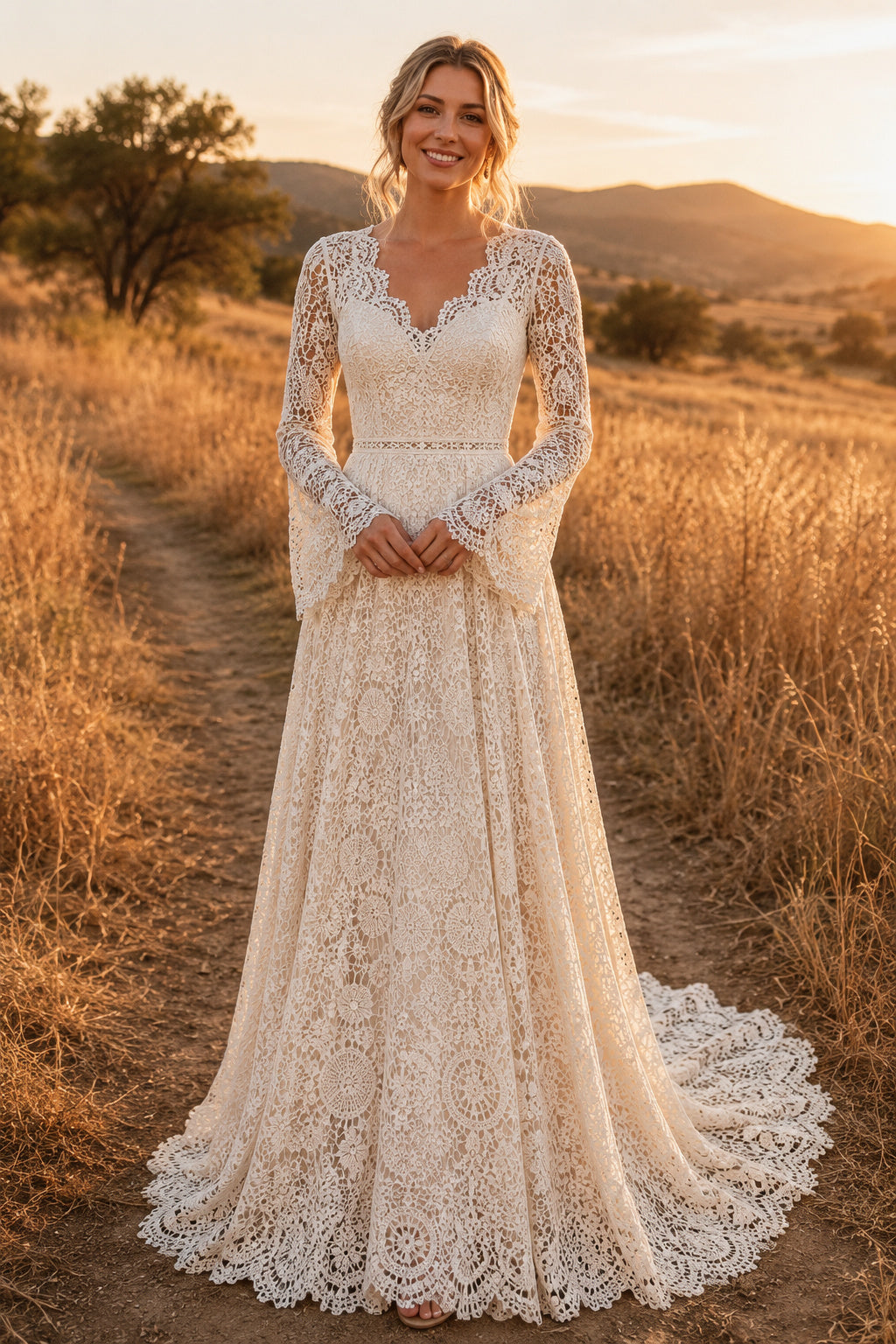 Ivory Long Sleeve V-Neck Lace A-Line Wedding Dress Chapel Train for Wedding Ceremony and Reception front view