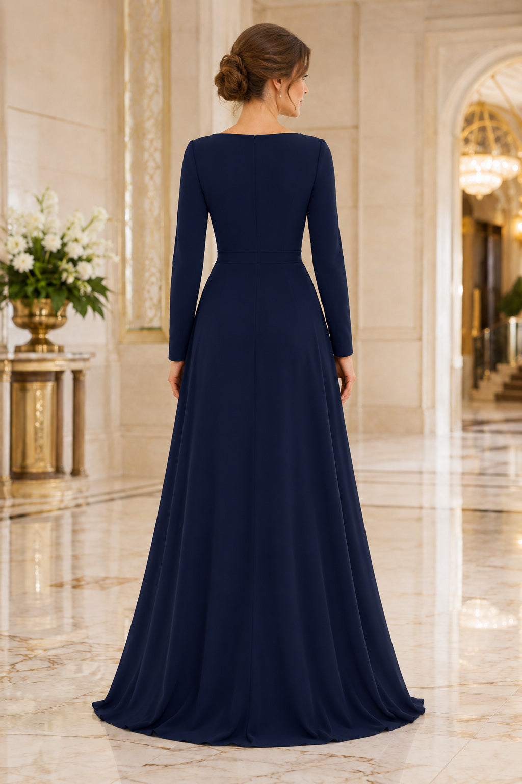Dark Navy Bateau Long Sleeve Chiffon A-Line Mother Dress with Simple Floor Skirt back view