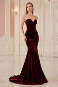 Burgundy strapless velvet mermaid gown with sweetheart neckline and sweep train Floor-length And Sweep/Brush Train Mermaid Tr