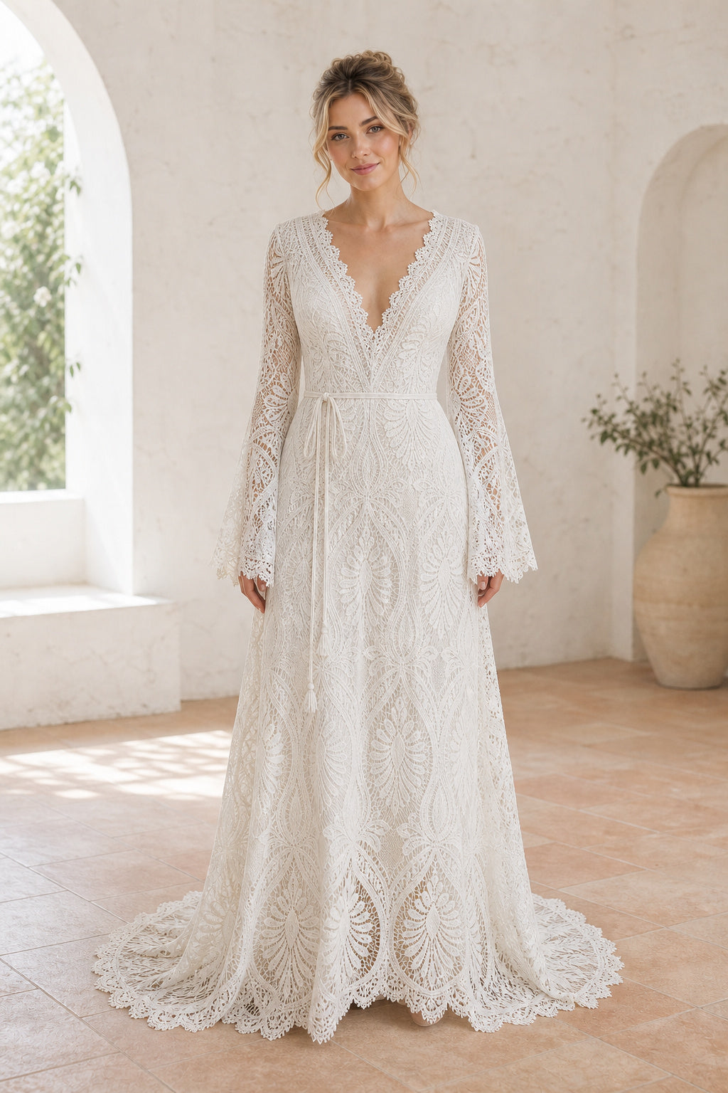 White Scoop Three-Quarter Sleeves A-Line Chiffon Floor-length Wedding Dress With Sweep Train and Open Back and Open Back Lace Hem Detail