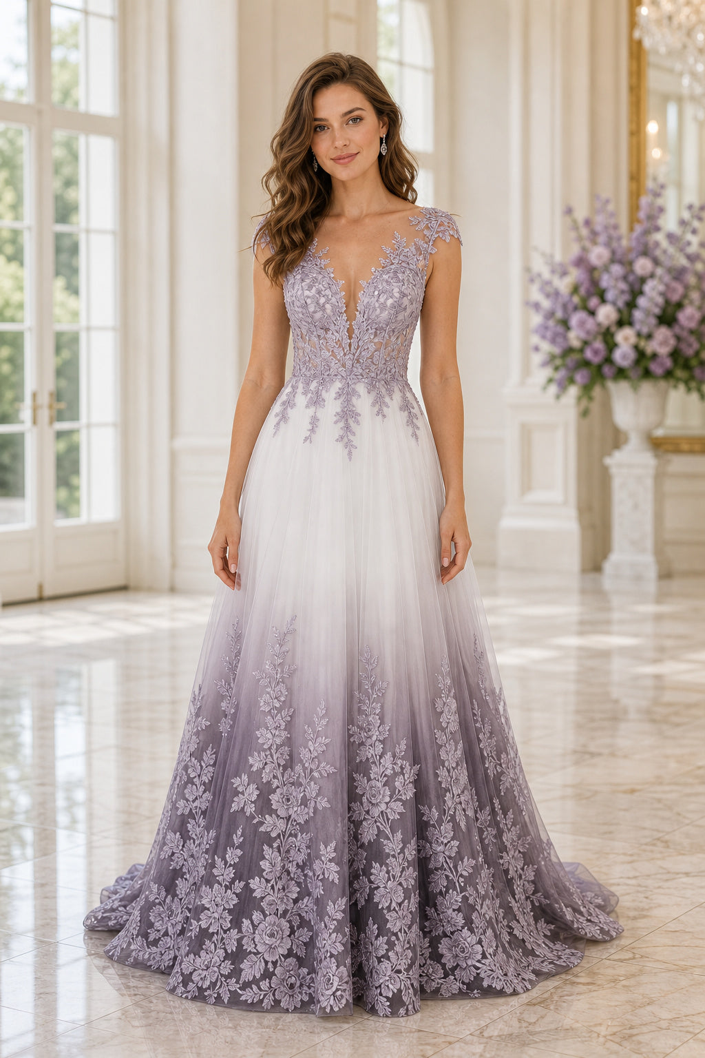 Lavender V-neck Sleeveless A-Line Tulle Floor-Length Dress With Ombre Lace Appliques