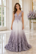 Lavender V-neck Sleeveless A-Line Tulle Floor-Length Dress With Ombre Lace Appliques