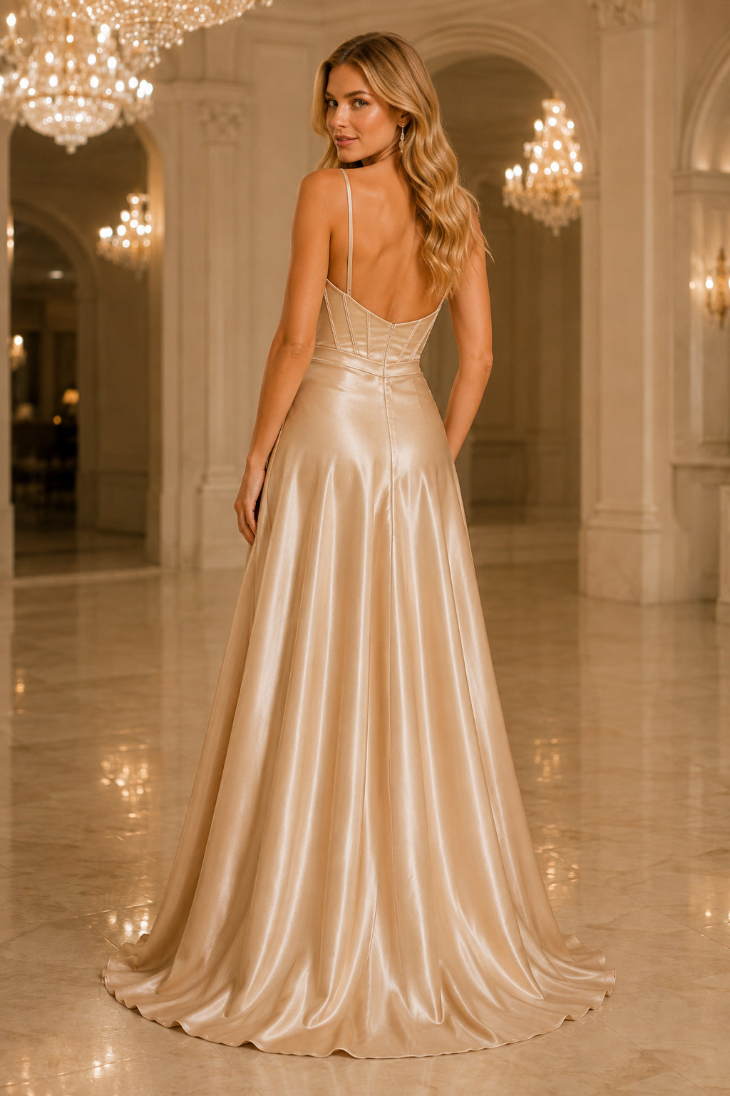 Champagne Spaghetti Strap Satin A-Line Formal Dress with Corset Bodice and High Slit back view