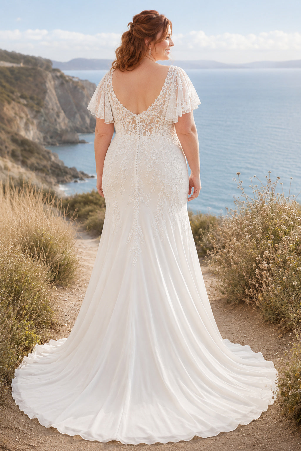 Ivory Plus Size V-Neck Lace Mermaid Wedding Dress with Flutter Sleeves and Sweep Train back view