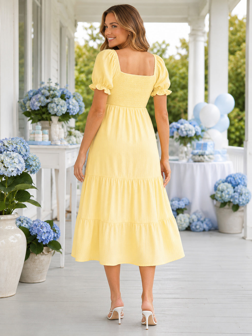 Daffodil Third Trimester Maternity Square Neck Puff Sleeve Tiered Tea Length Garden Dress back view