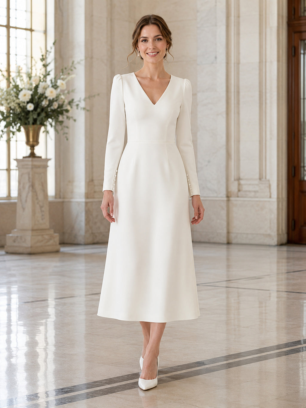 Elegant Civil Satin A Line V Neck Long Sleeve Tea Length Wedding Dress front view